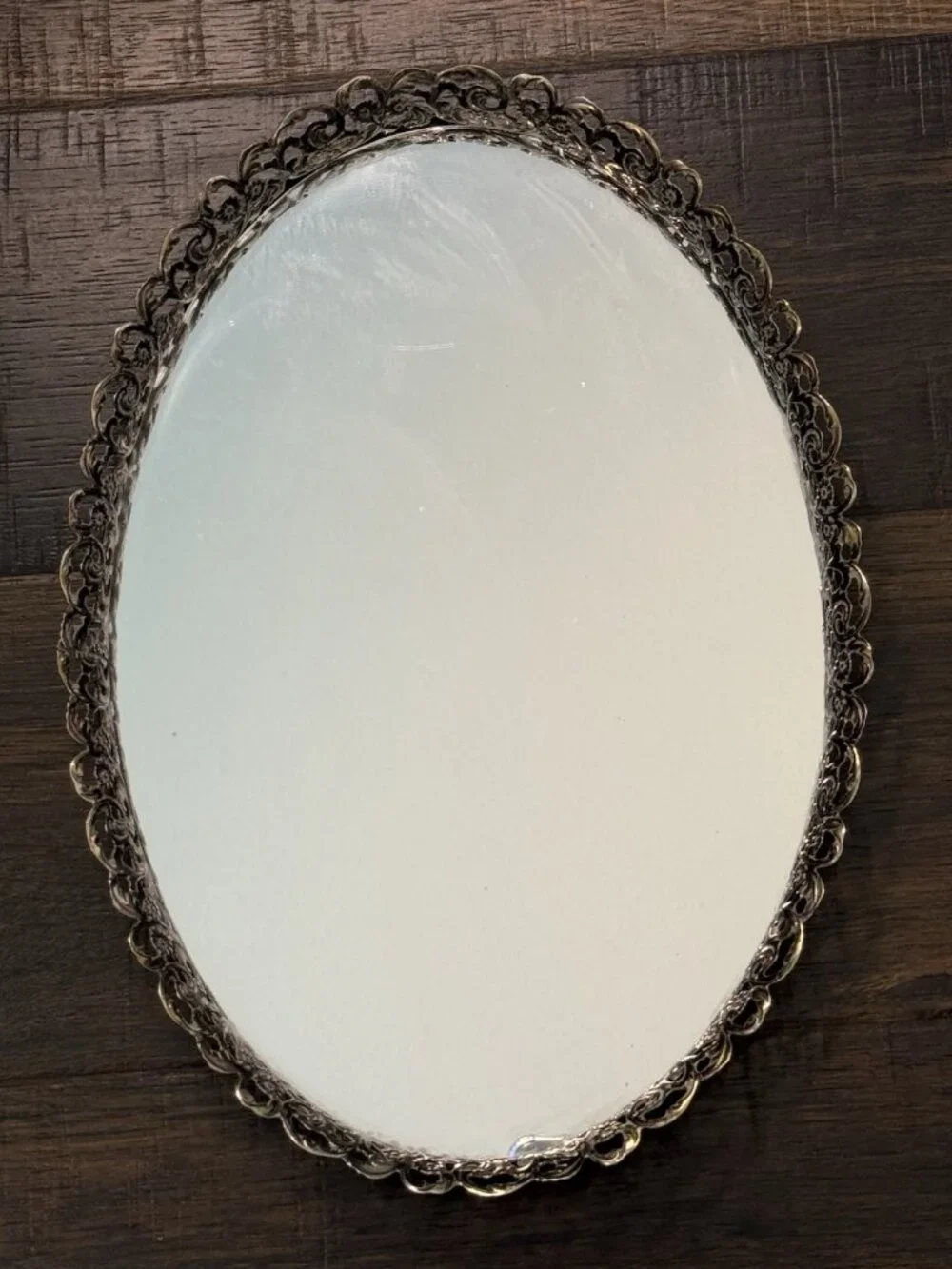 Vintage Oval Gold-tone Filigree Mirrored Vanity Tray Rose Boarder